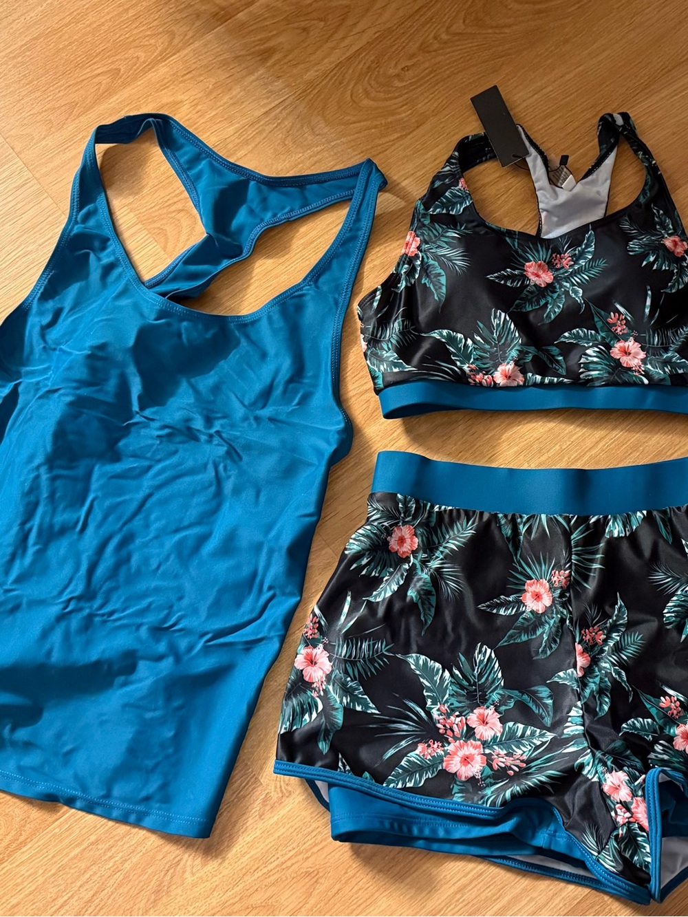 Talisea 3 Piece Blue Tank Top with Tropical Floral Sports Bra & Shorts Set